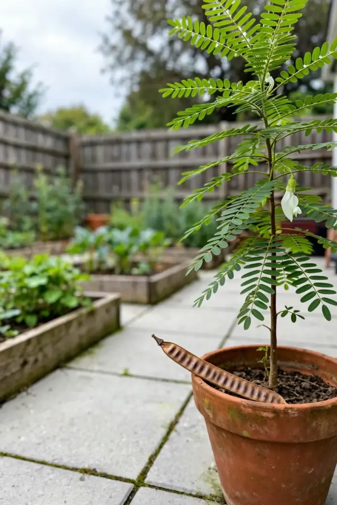 Potted sesbania grandiflora tree standing alone on a patio with garden beds behind