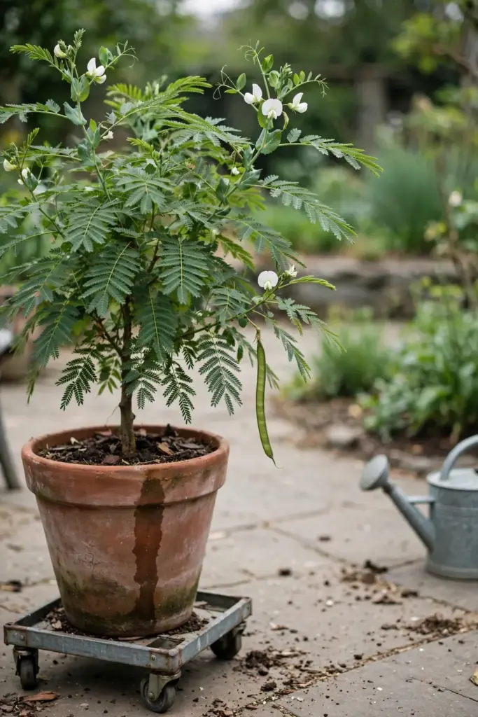 Potted sesbania grandiflora tree on a patio showing the complete container setup