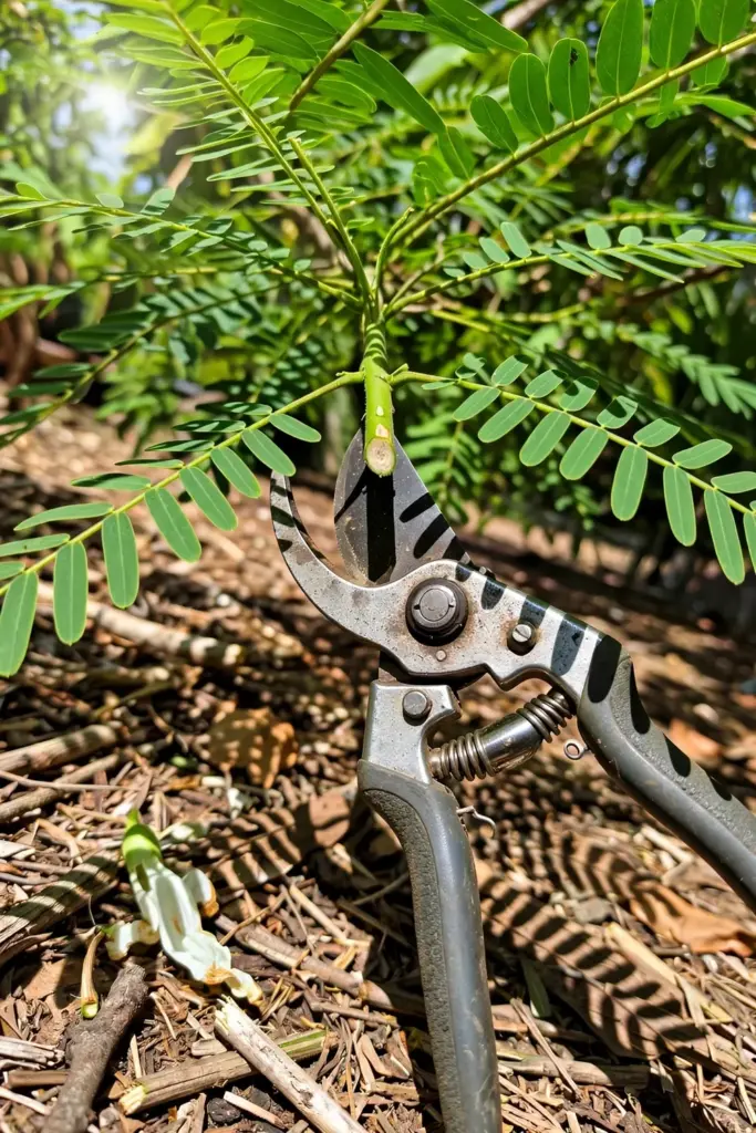 Pruning shears closed on a sesbania grandiflora branch above a fresh cut in the canopy