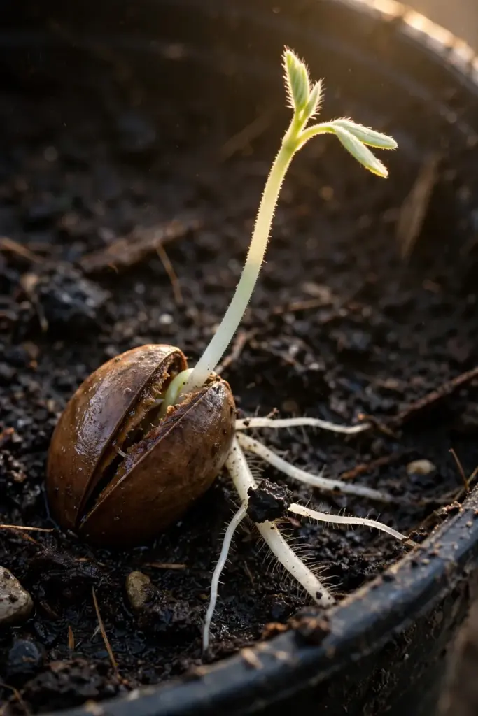 Sesbania grandiflora seed splitting on dark moist soil with a pale sprout and white rootlets