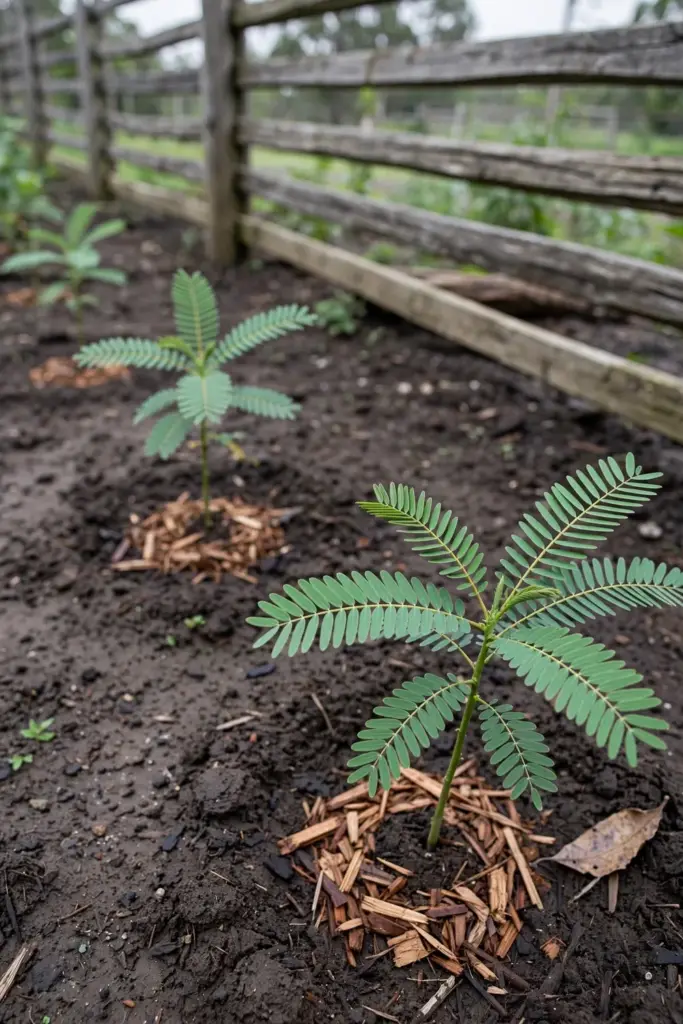 Sesbania grandiflora seedlings transplanted in a row with wide spacing in a garden bed