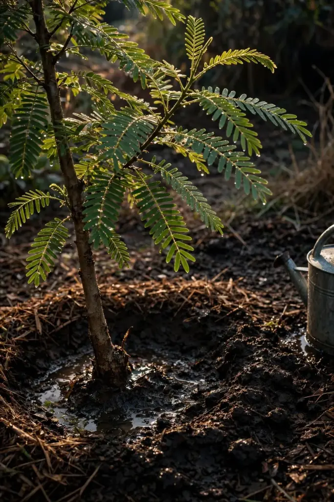 Metal watering can beside freshly watered soil at the base of a young sesbania grandiflora tree