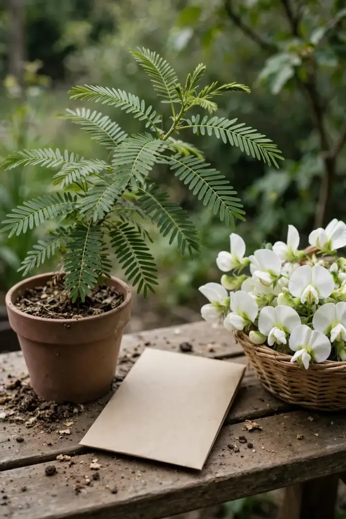 Potted sesbania grandiflora tree with a seed envelope and a basket of flowers on a bench