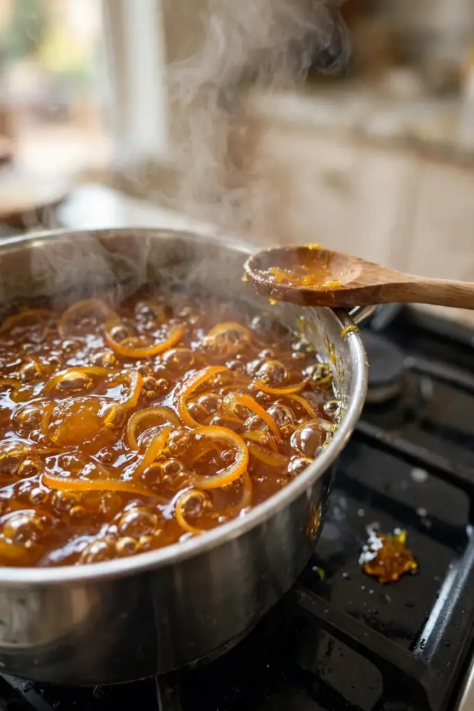 Pot of homemade Seville orange marmalade boiling with peel ribbons