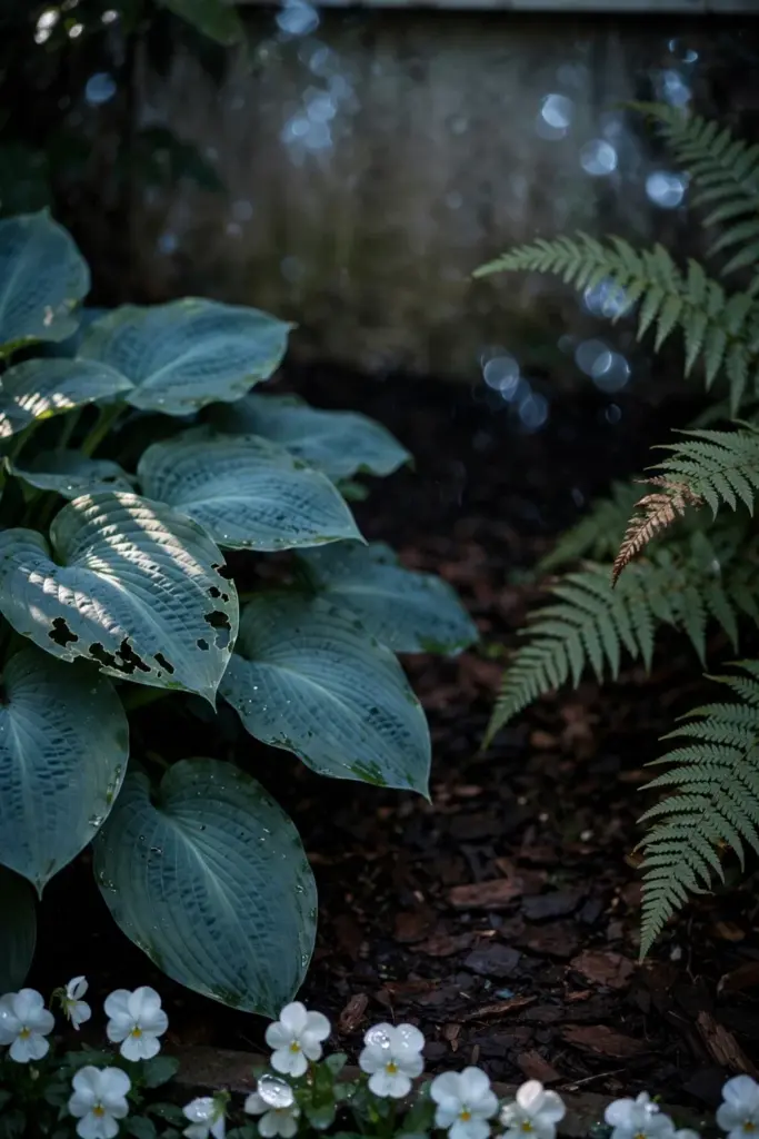 Shade bed with hostas, ferns, and white violas at the edge