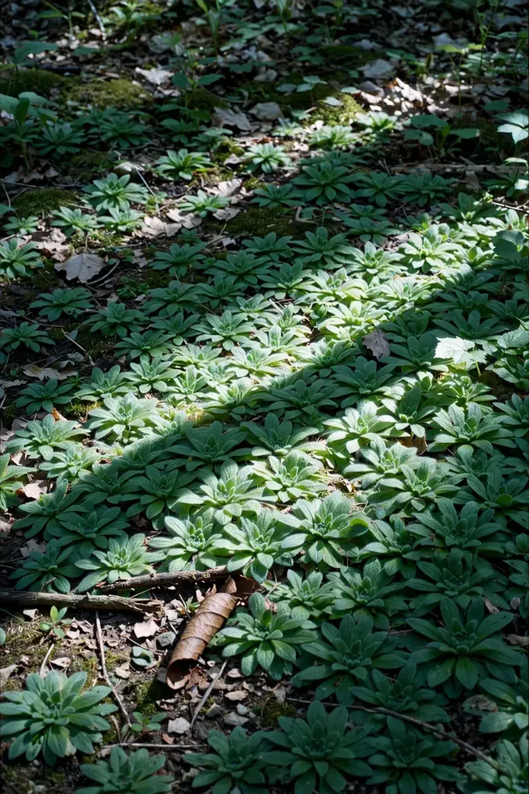 Forget-me-not foliage carpeting a shady bed under a tree