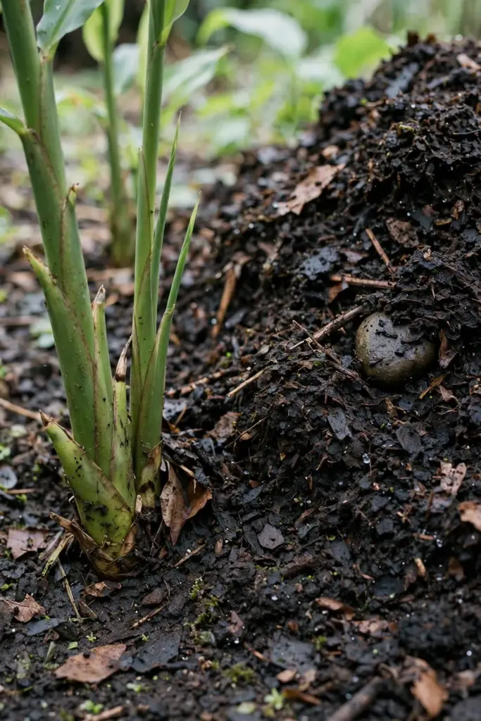 Dark compost top-dress spread around shampoo ginger stems