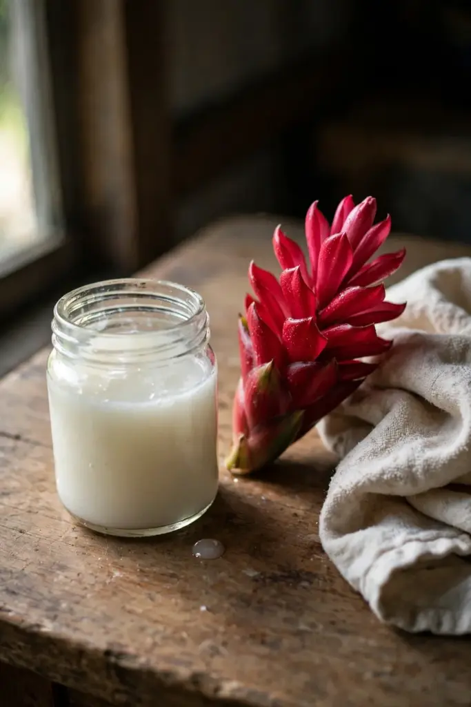Small glass jar of milky shampoo ginger cone liquid beside a red cone