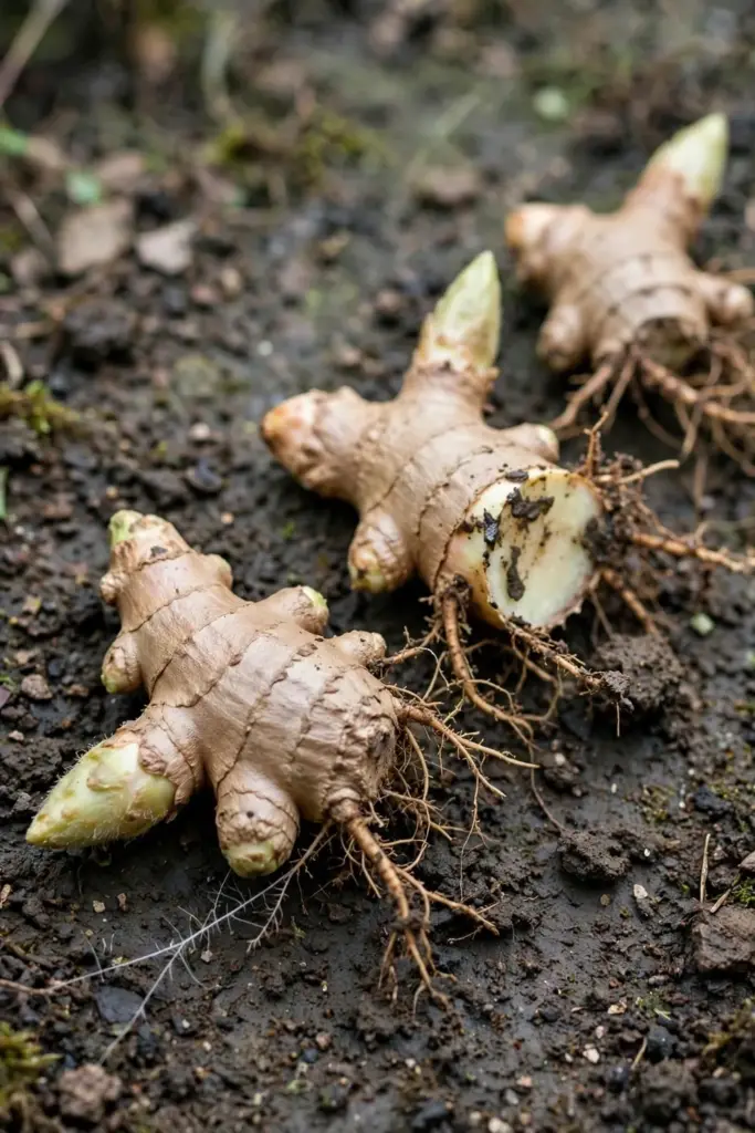 Divided shampoo ginger rhizome sections with growth buds on soil