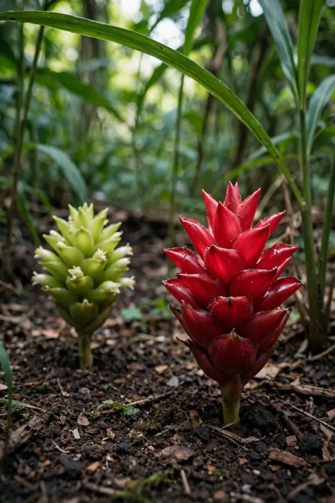 Green and red shampoo ginger cones at ground level under leafy stems