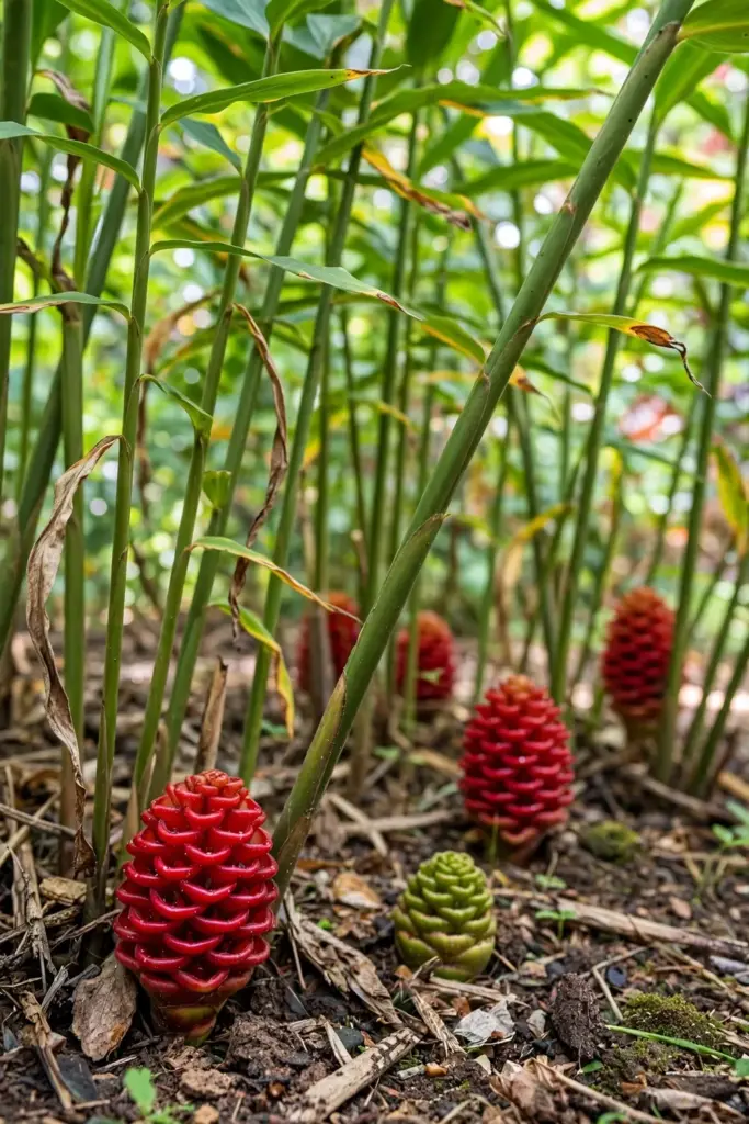 Mature shampoo ginger clump with several red cones in a garden bed