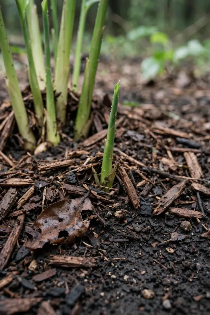 Bark mulch layer around the base of a shampoo ginger clump
