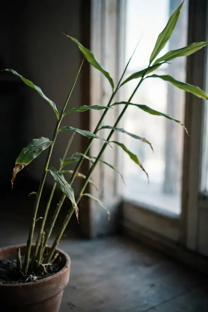 Potted shampoo ginger clump by a bright window in a cool room