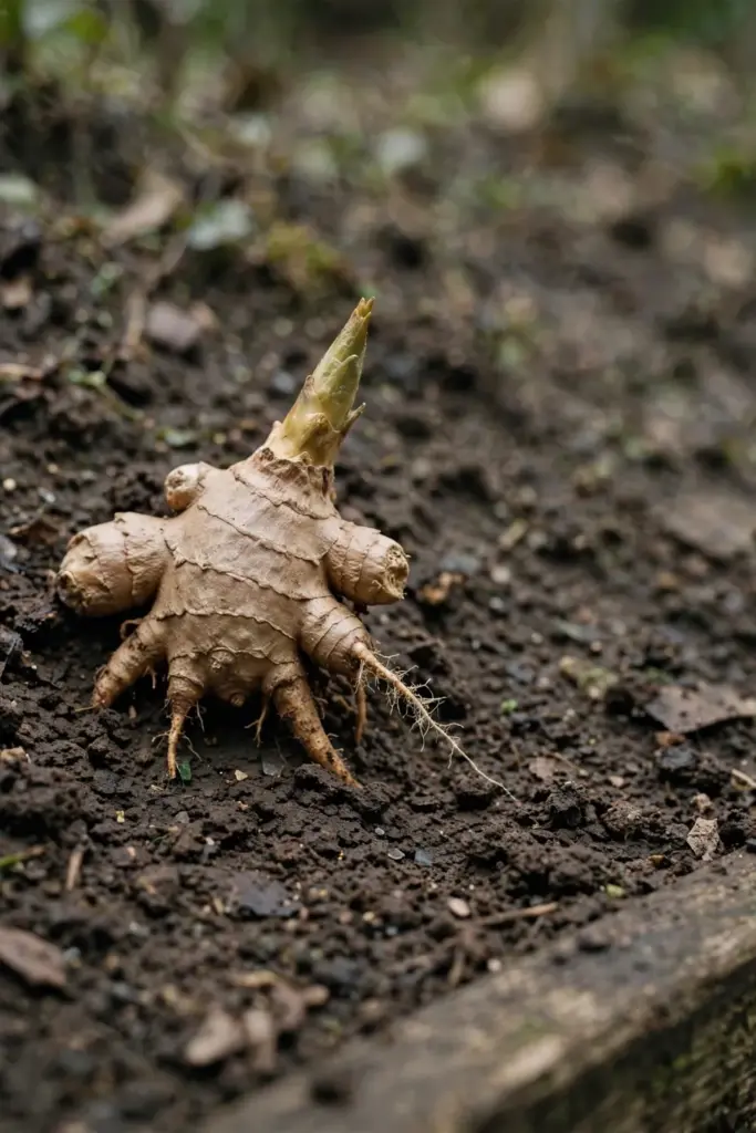 Shampoo ginger rhizome section with a firm pale growth bud on dark soil