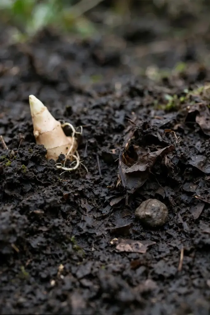 Shampoo ginger rhizome tip just below dark compost-rich soil