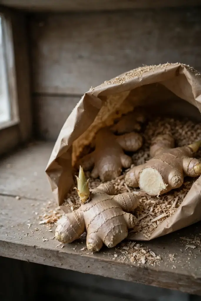 Dry shampoo ginger rhizomes resting in an open paper bag with sawdust