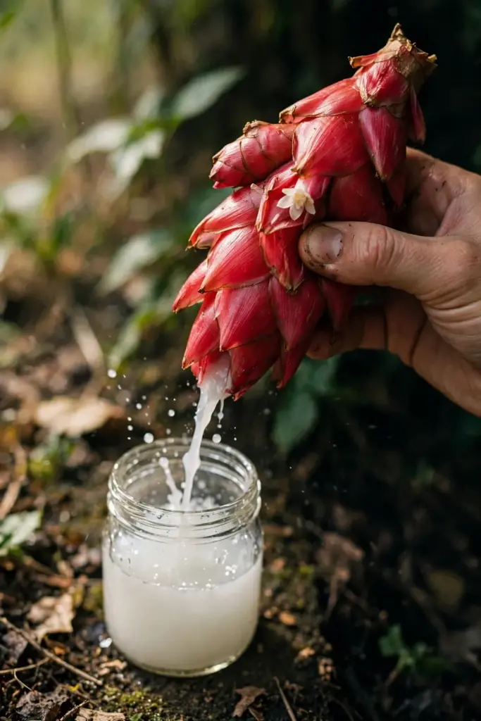 Hand squeezing a ripe red shampoo ginger cone over a small glass jar