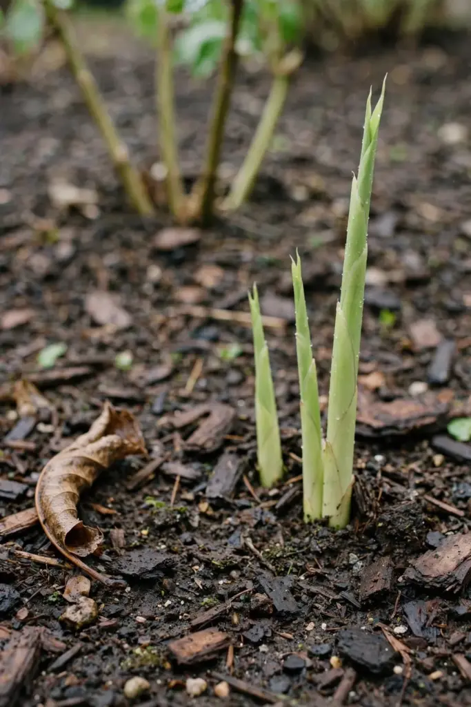 Young shampoo ginger shoots emerging from mulched soil in a spring bed