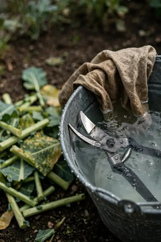 Pruning shears soaking in disinfectant in a metal bucket.