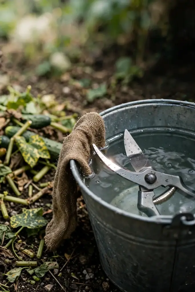 Pruning shears soaking in disinfectant in a metal bucket.