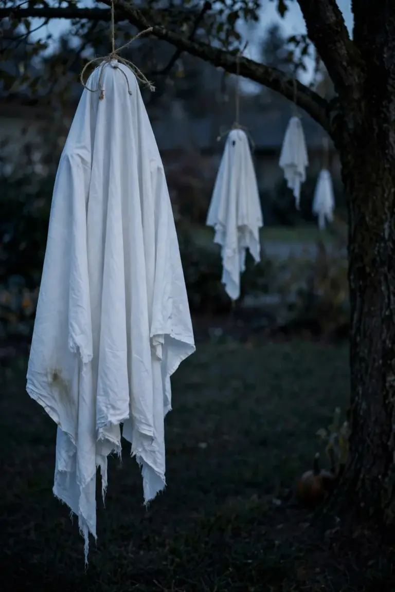 White sheet ghosts hanging from the low branches of a front yard tree at dusk
