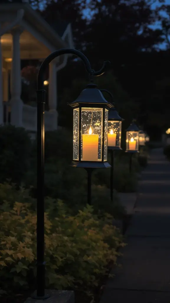 Glass lanterns with LED candles hanging from shepherd's hooks along a walk