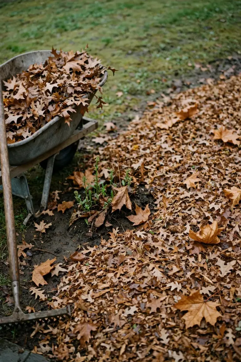 Shredded oak and maple leaves spread three inches deep as mulch around perennial crowns in an autumn bed