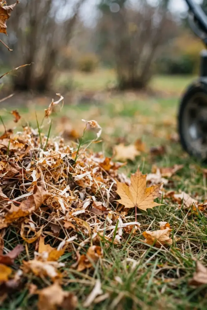 Freshly shredded maple leaves on grass with a mower wheel at the frame edge