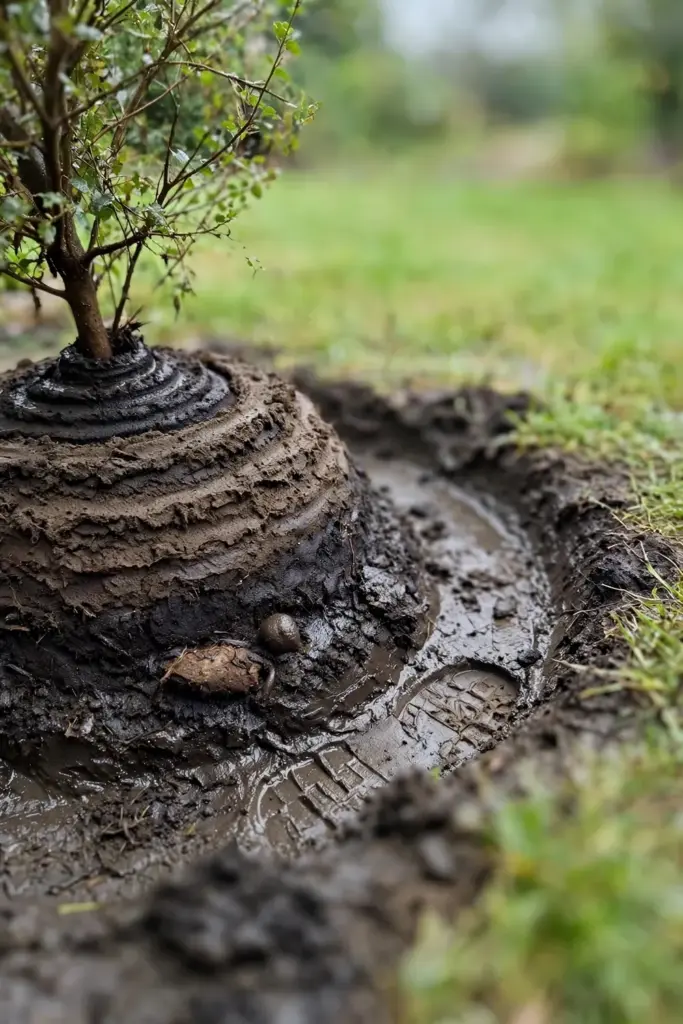 Native soil backfilled in layers around a newly planted shrub