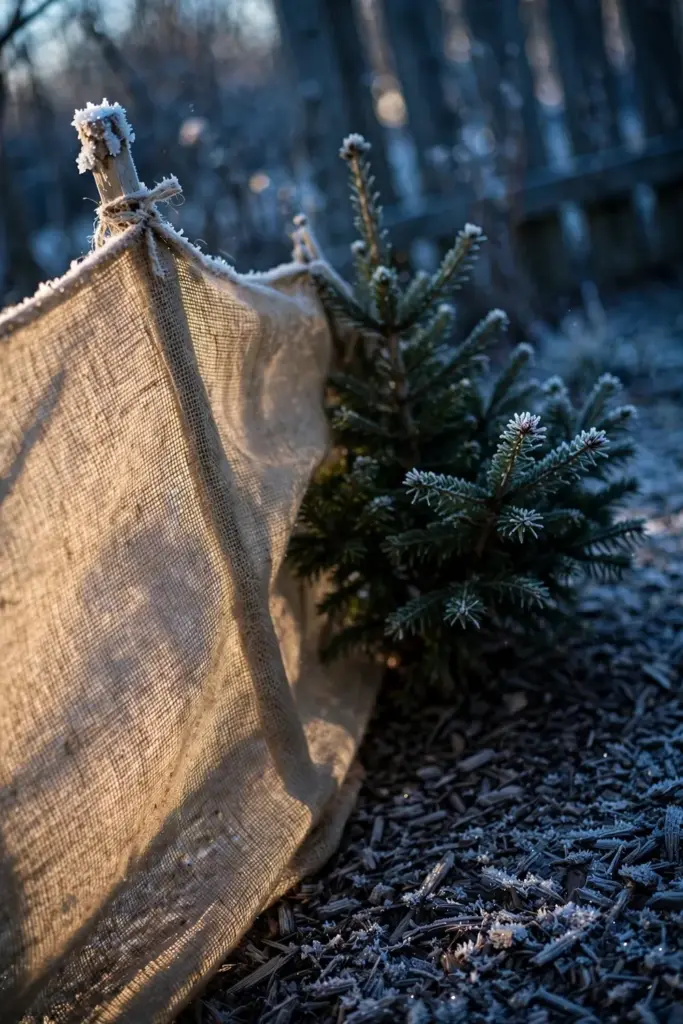 Burlap windscreen protecting a young evergreen shrub in winter