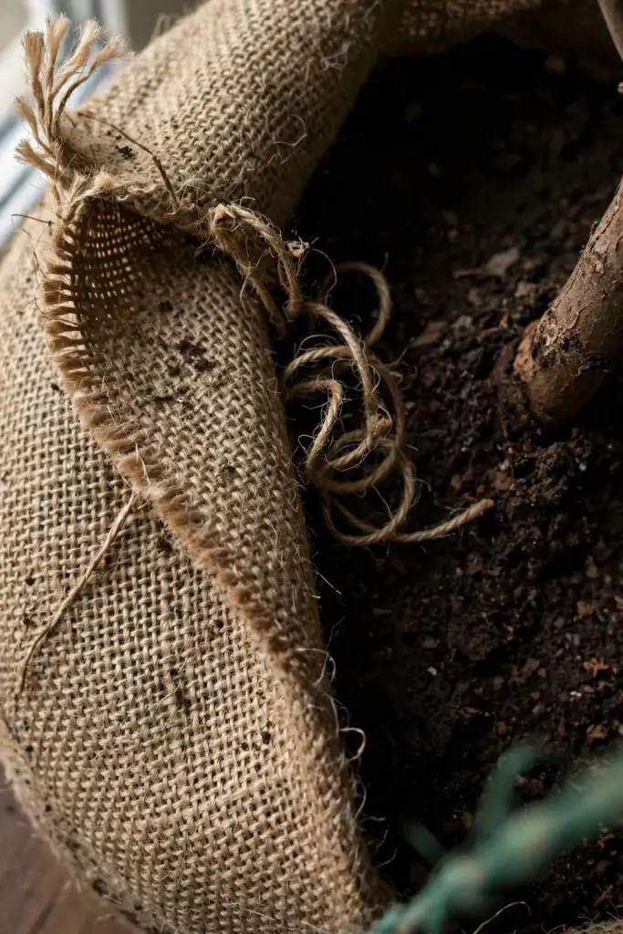 Burlap-wrapped root ball with twine cut and burlap folded back