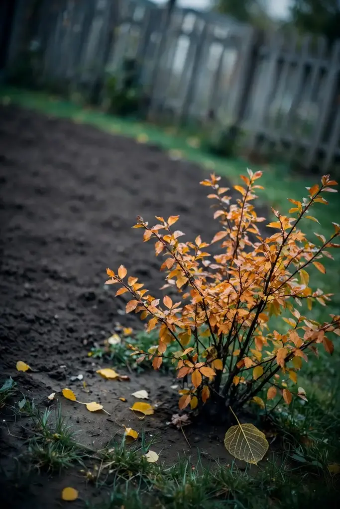 Young shrub with amber autumn foliage in a garden bed at planting time