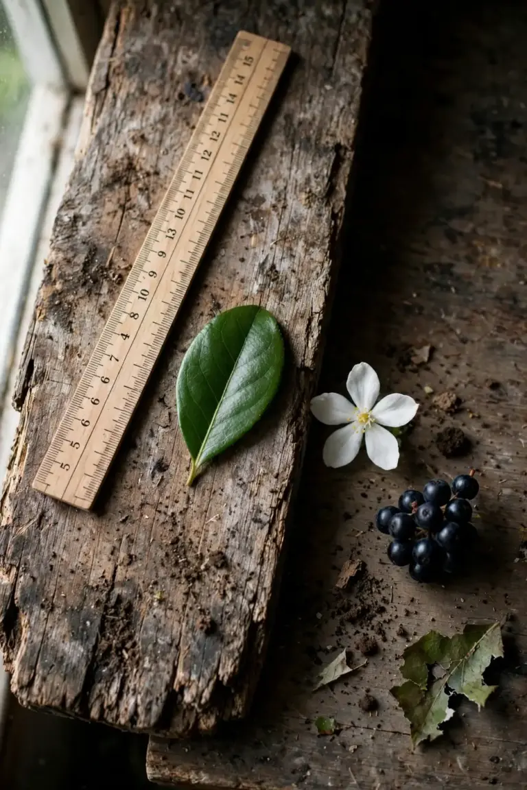Shrub leaf, flower, and fruit laid beside a ruler on a timber board
