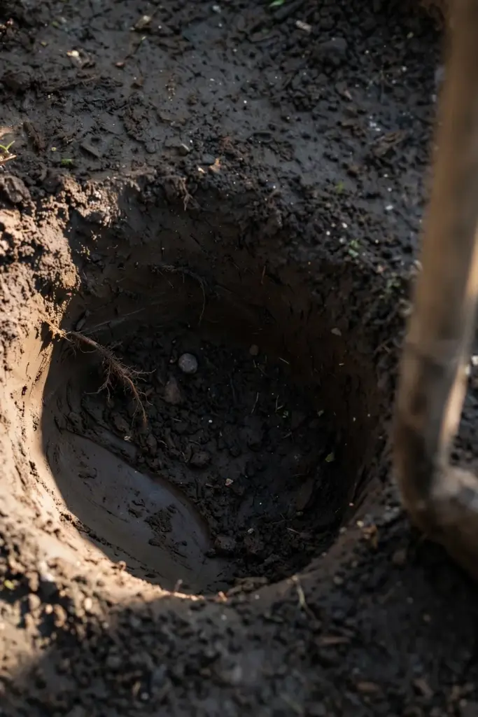 Wide shallow planting hole with sloped sides dug in dark soil