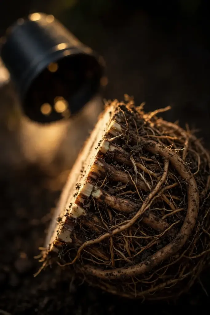 Shrub root ball with circling roots and a vertical cut to redirect them
