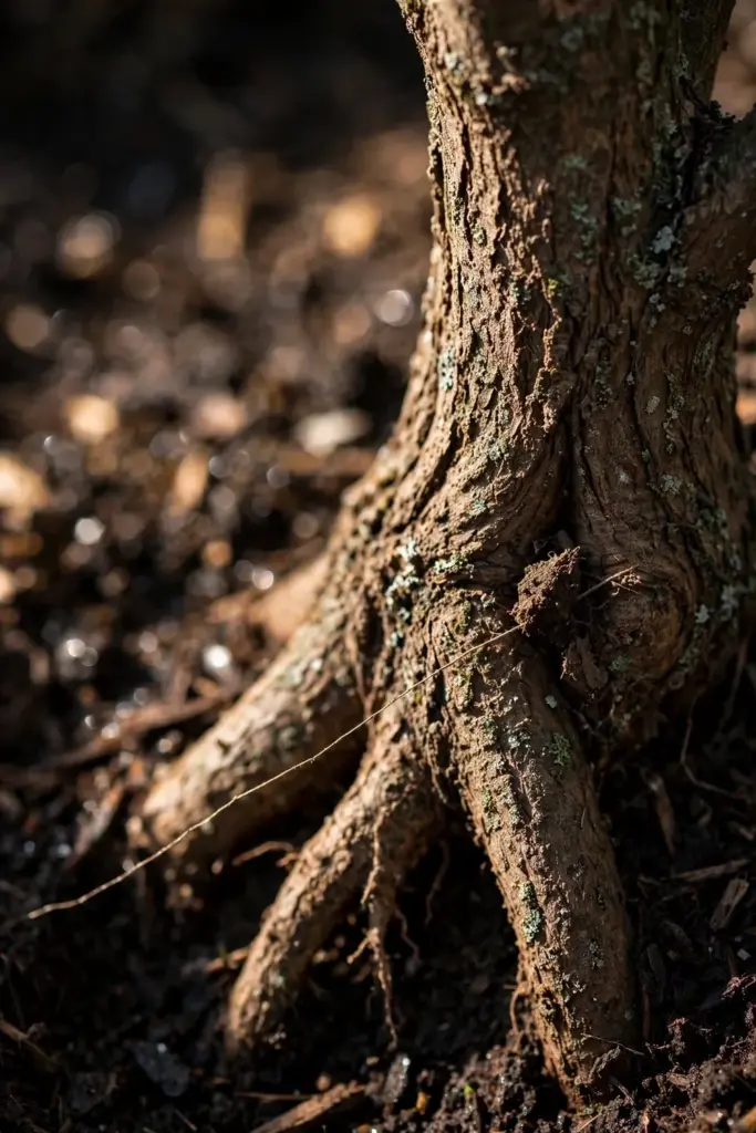 Shrub root flare sitting exactly at the soil surface grade