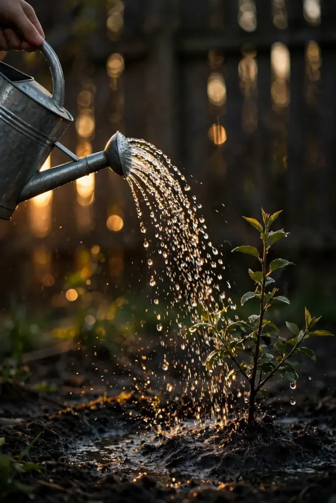 Hand watering a newly planted shrub deeply with a watering can