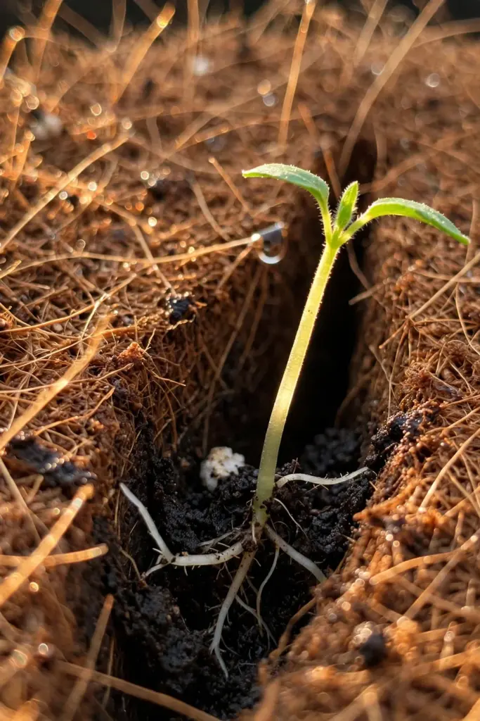 Small transplant pushed through a liner side slit, roots and mix