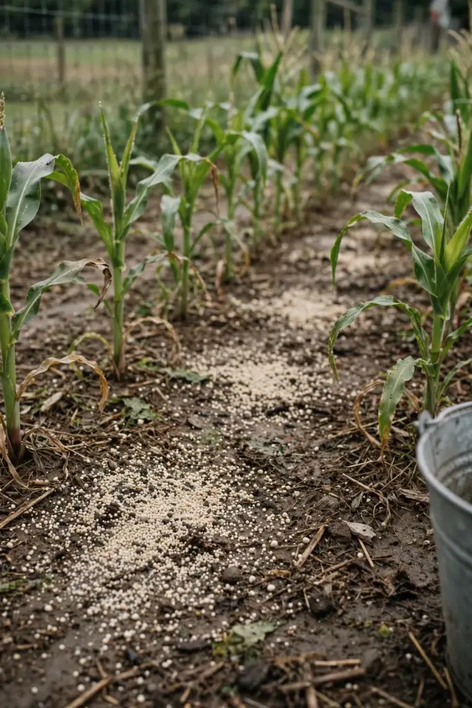 Fertilizer spread between corn rows before watering in