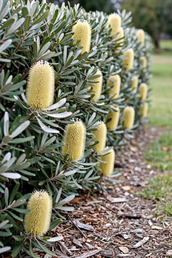 Silver banksia hedge with pale yellow spikes and silver-backed leaves
