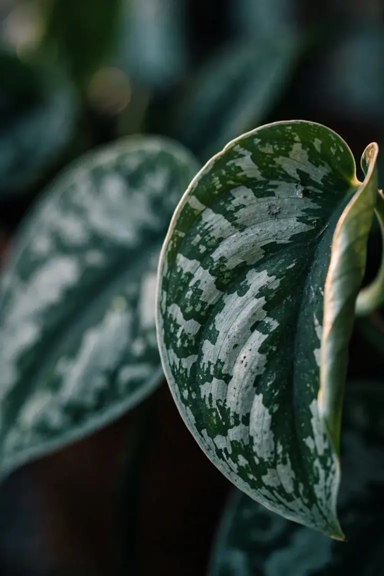 Satin pothos leaf with silver blotches in close-up