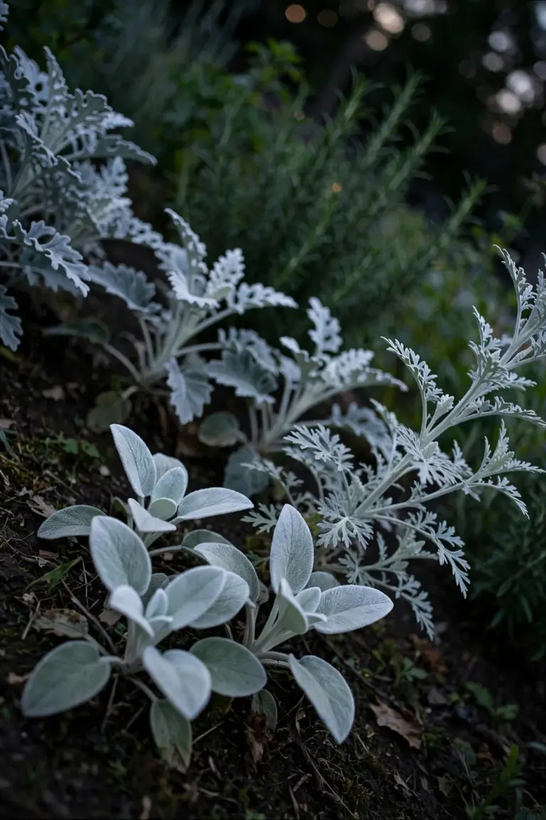 Silver foliage of dusty miller, lamb's ear and artemisia glowing pale between green herbs at dusk