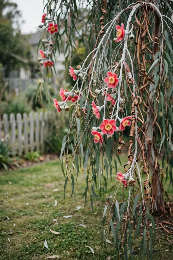 Weeping silver princess gum with pink-red flowers and curling bark in a small garden