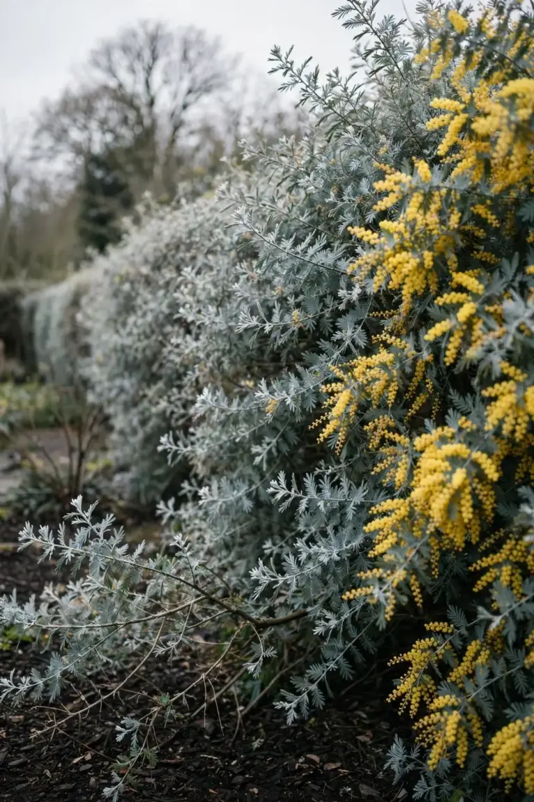 Silver wattle screen with feathery silver foliage and golden flowers