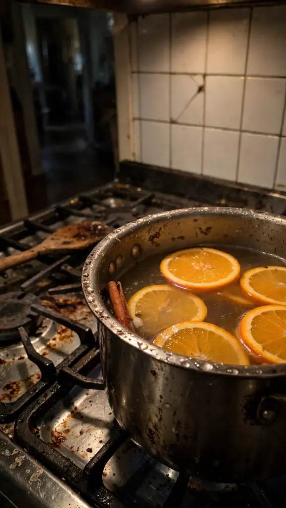 Simmer pot with orange slices and cloves on a stove burner