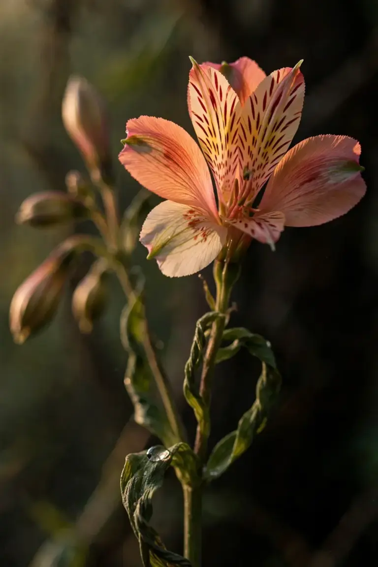 Single alstroemeria bloom showing six tepals with dark red streaked inner petals