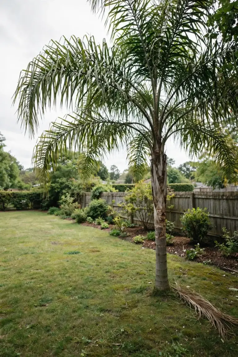 Single feature palm standing alone on a lawn with clear space around it