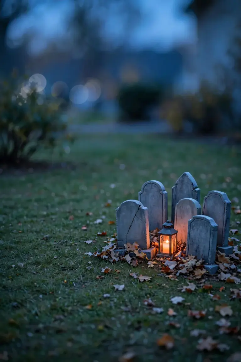 One finished foam tombstone graveyard display in a front yard, the rest of the garden left plain