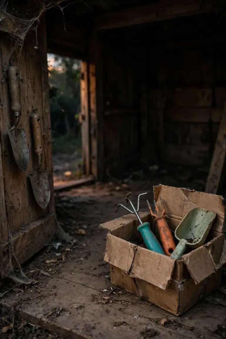 Box of single-purpose garden gadgets pushed aside in a shed