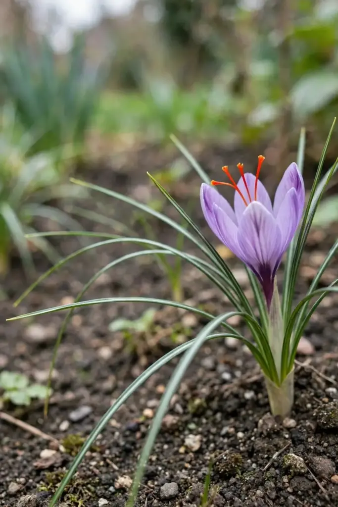 Single saffron crocus plant with one open purple flower in a garden bed